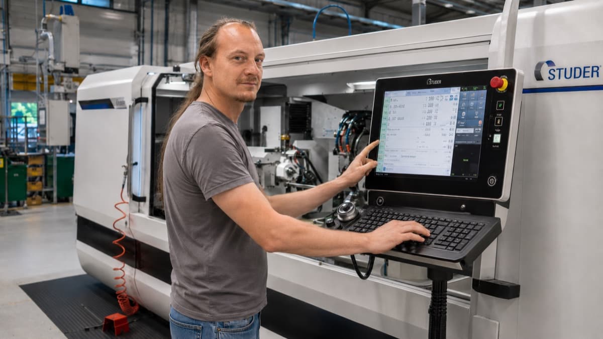Michael Csako an einer Studer-Schleifmaschine in der Werkstatt
