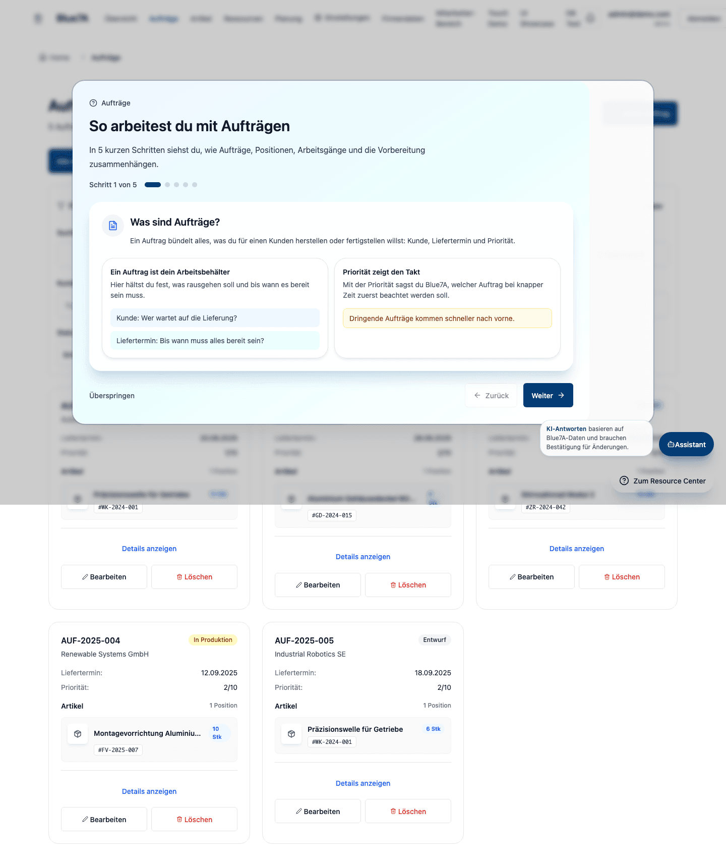 Blue7A Auftragsübersicht mit Status und Fertigungskontext